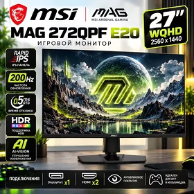 Монитор MSI MAG 272QPF E20 IPS WQHD, 2560x1440 200hz, 0.5ms, DPx1, HDMIx2 Monitor