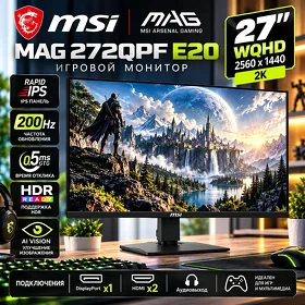 Монитор MSI MAG 272QPF E20 IPS WQHD, 2560x1440 200hz, 0.5ms, DPx1, HDMIx2 Monitor