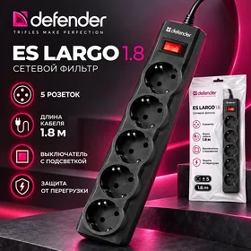 Сетевой фильтр Defender ES Largo, 1.8 метр, 5 розеток, черный